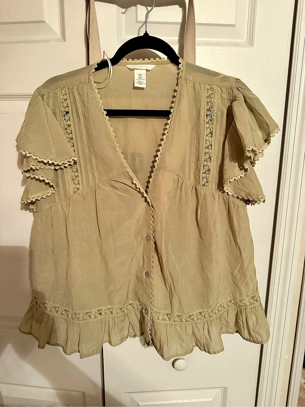 H&M Beige Lace Trim Ruffle Blouse